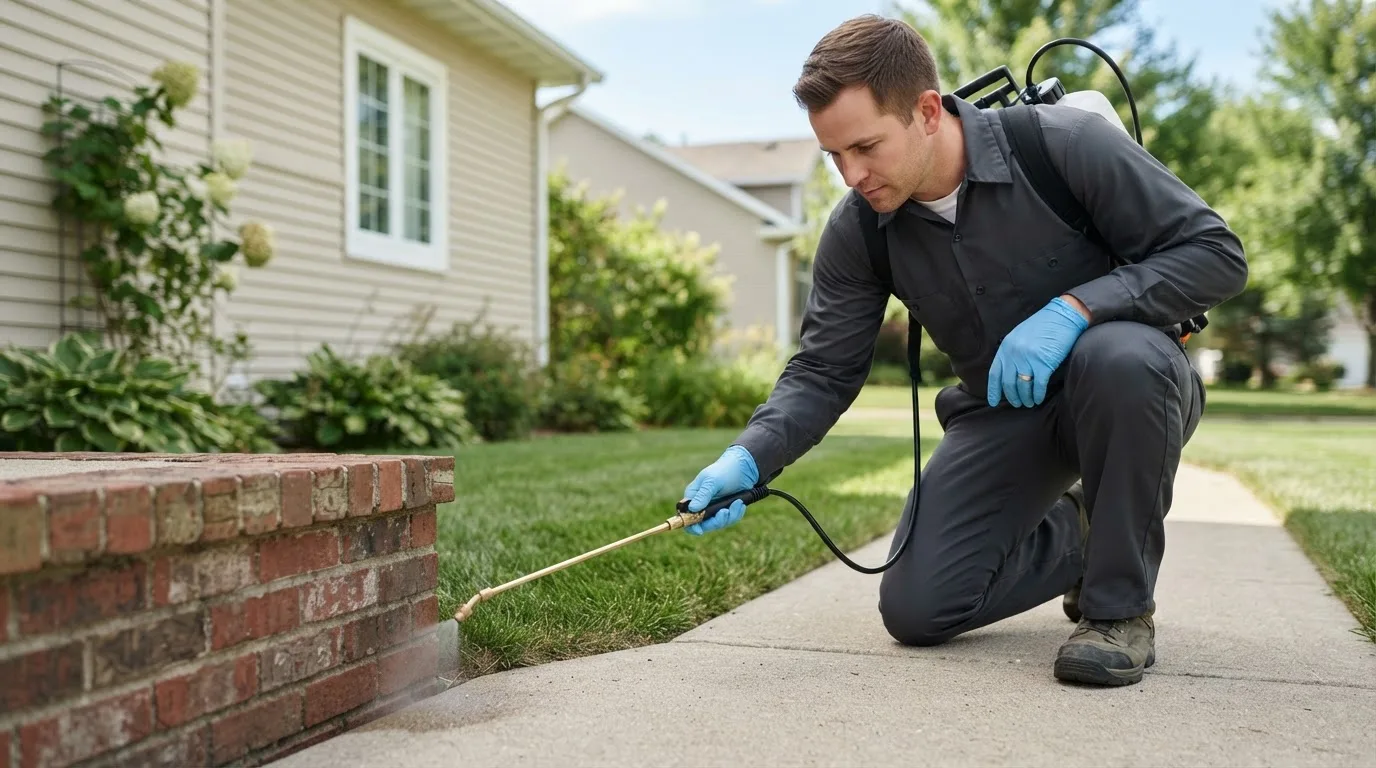 Pest control technician treating a home near Prague, OK