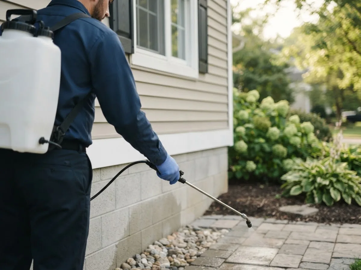 Pest control technician inspecting a home in Prague, OK